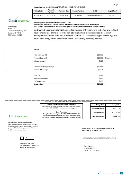 Download USA Texas Gexa Energy business utility bill template in Word formats Photoshop template